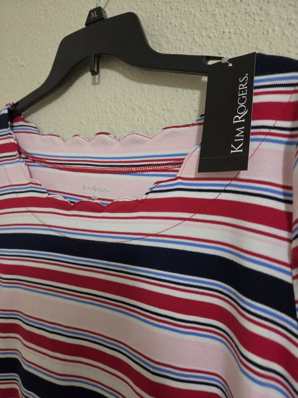 NWT Kim Rogers Top Womens XXL Striped Scalloped Neck Short Sleeve Pink Red Blue